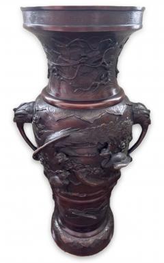 Pair of Japanese tall bronze floor vases with handles and bird relief - 4634244