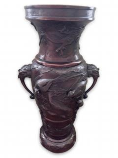 Pair of Japanese tall bronze floor vases with handles and bird relief - 4634246