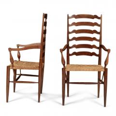 Pair of Ladder Back Braid Rush Seat Armchairs Attributed to Paolo Buffa - 3311735