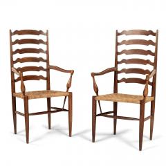 Pair of Ladder Back Braid Rush Seat Armchairs Attributed to Paolo Buffa - 3311743