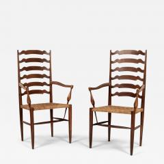 Pair of Ladder Back Braid Rush Seat Armchairs Attributed to Paolo Buffa - 3315897