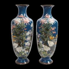 Pair of Large 19th Century Meiji Japanese Cloisonne Blue Ground Enamel Vases - 3901304