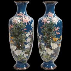Pair of Large 19th Century Meiji Japanese Cloisonne Blue Ground Enamel Vases - 3901305