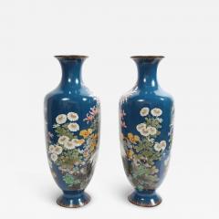 Pair of Large 19th Century Meiji Japanese Cloisonne Blue Ground Enamel Vases - 3909735