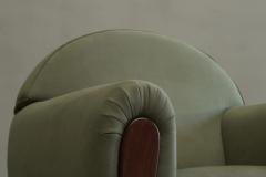 Pair of Large Art Deco Lounge Chairs in Solid Oak and Green Velvet - 4468059