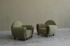 Pair of Large Art Deco Lounge Chairs in Solid Oak and Green Velvet - 4468064