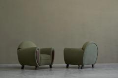 Pair of Large Art Deco Lounge Chairs in Solid Oak and Green Velvet - 4468066