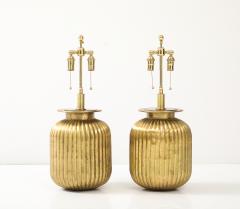 Pair of Large Fluted Aged Brass Lamps  - 4227825
