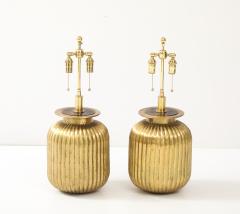 Pair of Large Fluted Aged Brass Lamps  - 4227863