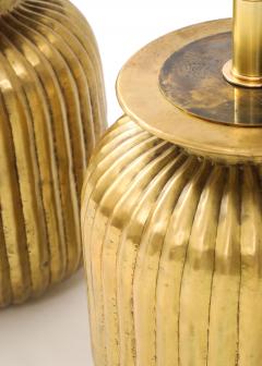 Pair of Large Fluted Aged Brass Lamps  - 4227865