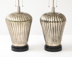 Pair of Large Fluted Metal Lamps with an Antiqued Silvered Finish  - 4768529