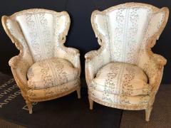 Pair of Large Impressive High Back Distressed Carved Framed Wing Back Armchairs - 2978891