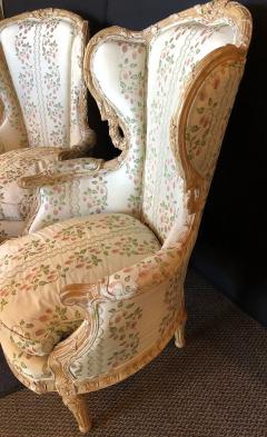 Pair of Large Impressive High Back Distressed Carved Framed Wing Back Armchairs - 2978892