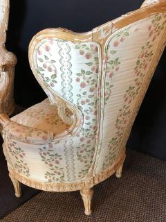 Pair of Large Impressive High Back Distressed Carved Framed Wing Back Armchairs - 2978897
