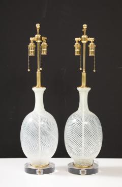 Pair of Large Mid Century White Striped Murano Glass Lamps  - 3720070