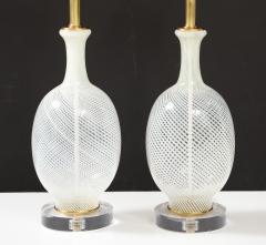 Pair of Large Mid Century White Striped Murano Glass Lamps  - 3720079