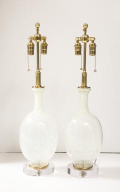 Pair of Large Mid Century White Striped Murano Glass Lamps  - 3720080