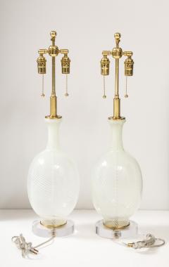 Pair of Large Mid Century White Striped Murano Glass Lamps  - 3720089