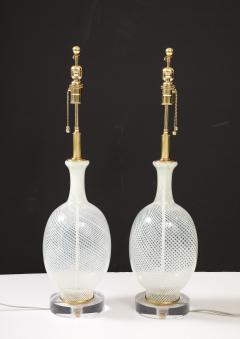 Pair of Large Mid Century White Striped Murano Glass Lamps  - 3720092