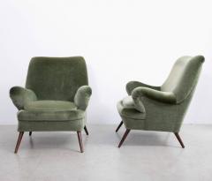 Pair of Large Sculptural 1950s Lounge Chair in Green Mohair Fabric - 526811