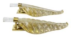 Pair of Large Vintage Italian Leaf Form Murano Glass Brass Wall Light Sconces - 3232527