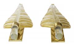 Pair of Large Vintage Italian Leaf Form Murano Glass Brass Wall Light Sconces - 3232528