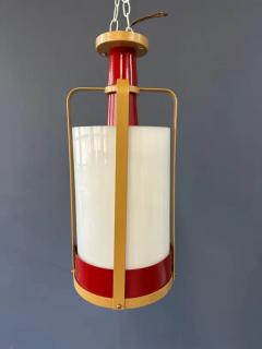 Pair of Large White Glass Pendant Lights with Brass and Red Colored Frame - 4126574
