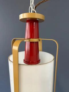 Pair of Large White Glass Pendant Lights with Brass and Red Colored Frame - 4126577
