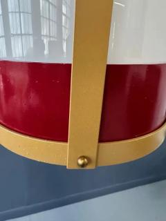 Pair of Large White Glass Pendant Lights with Brass and Red Colored Frame - 4126578