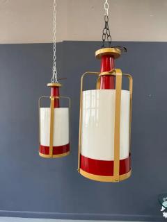 Pair of Large White Glass Pendant Lights with Brass and Red Colored Frame - 4126586