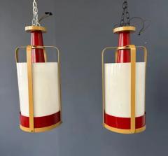 Pair of Large White Glass Pendant Lights with Brass and Red Colored Frame - 4126612