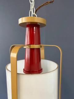 Pair of Large White Glass Pendant Lights with Brass and Red Colored Frame - 4126616