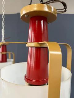 Pair of Large White Glass Pendant Lights with Brass and Red Colored Frame - 4126621