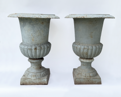 Pair of Late 19th Century Medici Cast Iron Urns in a Distressed Grey Patina - 4741106