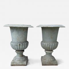 Pair of Late 19th Century Medici Cast Iron Urns in a Distressed Grey Patina - 4741108