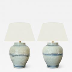 Pair of Light Blue Striped Stoneware Lamps - 4490711