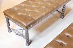 Pair of Long Modern Tufted Leather Benches - 2082063