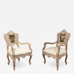Pair of Louis XV Bleached Lattice Arm Chairs - 1407796