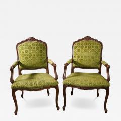 Pair of Louis XV French Provincial Kelly Green Velvet Arm Chairs - 4419542