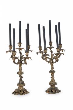 Pair of Louis XV Style Bronze 5 Arm Electrified Black Candle Candelabras - 4408217