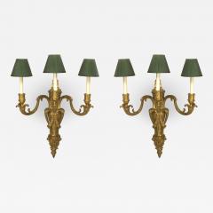 Pair of Louis XV Style Bronze Wall Sconces with Green Shades - 1403201