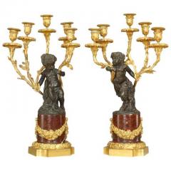 Pair of Louis XV Style Bronze with Cupid 5 Arm Candelabras on Marble Bases - 4199680