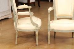 Pair of Louis XVI Style Blue Grey Painted Armchairs Covered in White Leather - 3558467