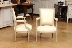 Pair of Louis XVI Style Blue Grey Painted Armchairs Covered in White Leather - 3558474
