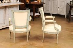 Pair of Louis XVI Style Blue Grey Painted Armchairs Covered in White Leather - 3558510