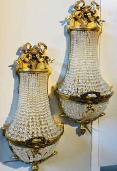 Pair of Louis XVI Style Bronze and Crystal Beaded Diminutive Wall Sconce - 2981006