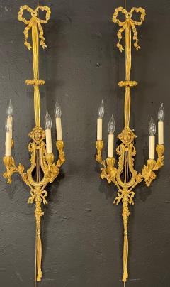 Pair of Louis XVI Style Dor Bronze Sconces Monumental Ribbon and Tassel Form - 2973960