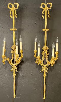 Pair of Louis XVI Style Dor Bronze Sconces Monumental Ribbon and Tassel Form - 2973961