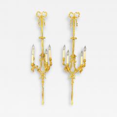 Pair of Louis XVI Style Dor Bronze Sconces Monumental Ribbon and Tassel Form - 2975109