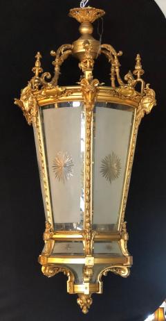 Pair of Louis XVI Style Monumental Dore Bronze Rams Head Etched Glass Lanterns - 2930141